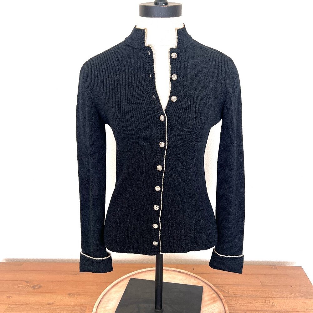90's St.John Cardigan - Black & Gold - Rhinestone Buttons - Size Medium